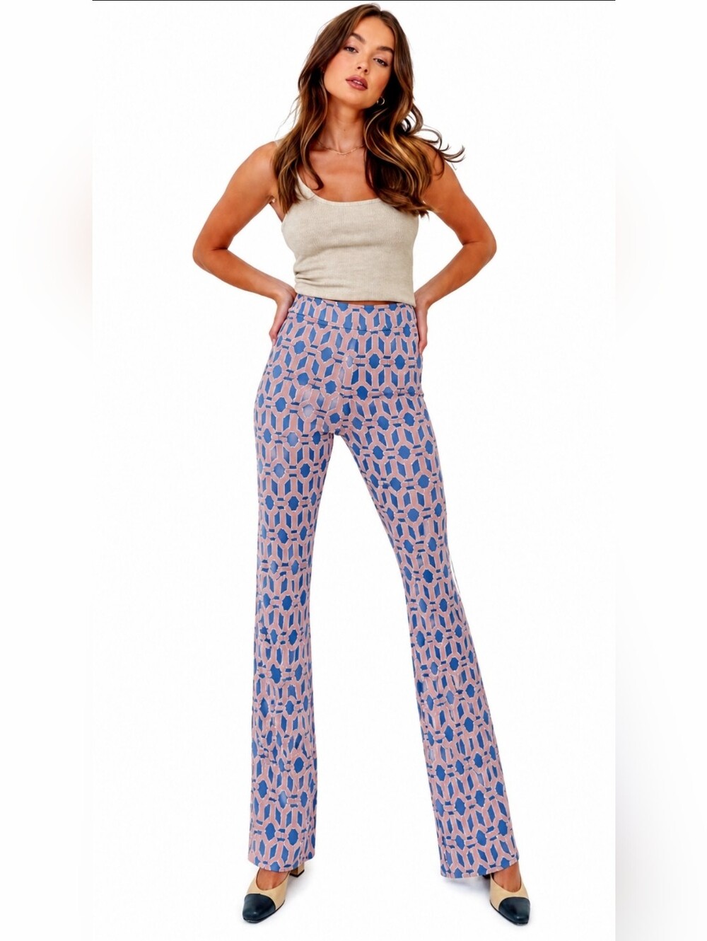 Zara Jacquard Knit Geometric Flare Pants Pink Blue Boho Small